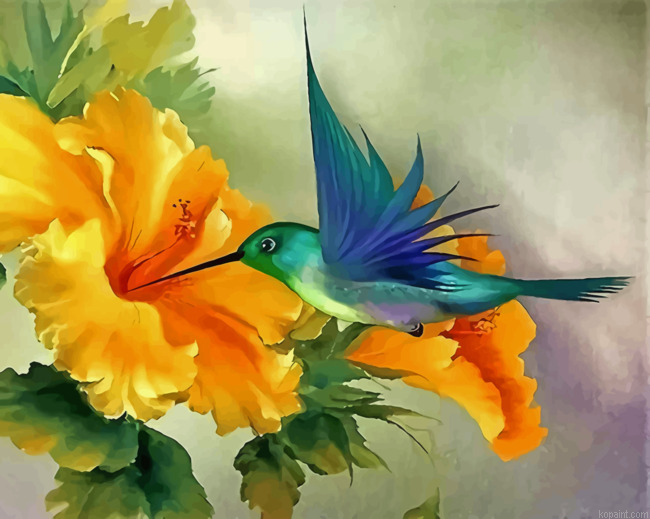 Hummingbird And Yellow Flower Painting By Numberss.png