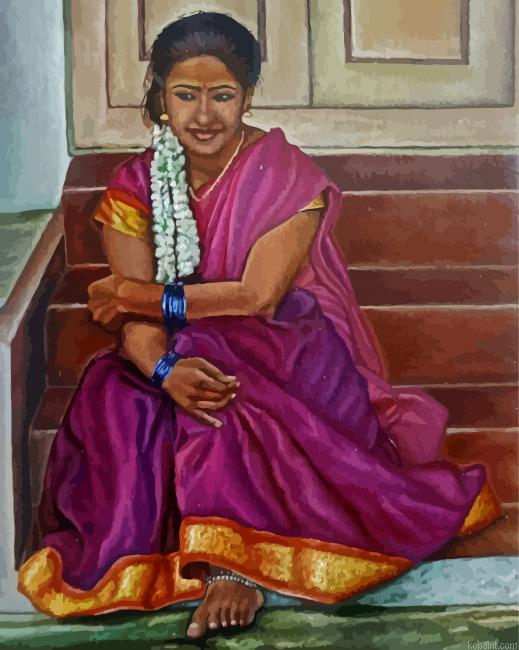 Indian Lady On Stair Painting By Numberss.png