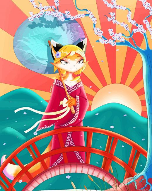 Japanese Foxes And Sakura Painting By Numberss.png