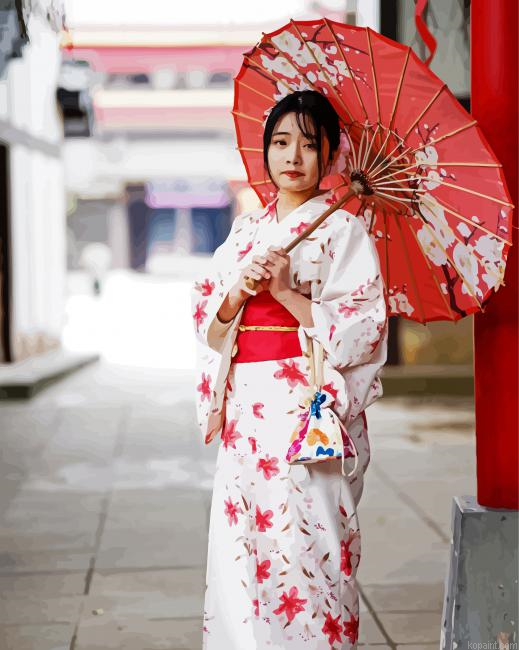 Japanese Lady With Umbrella And Kimono Painting By Numberss.png