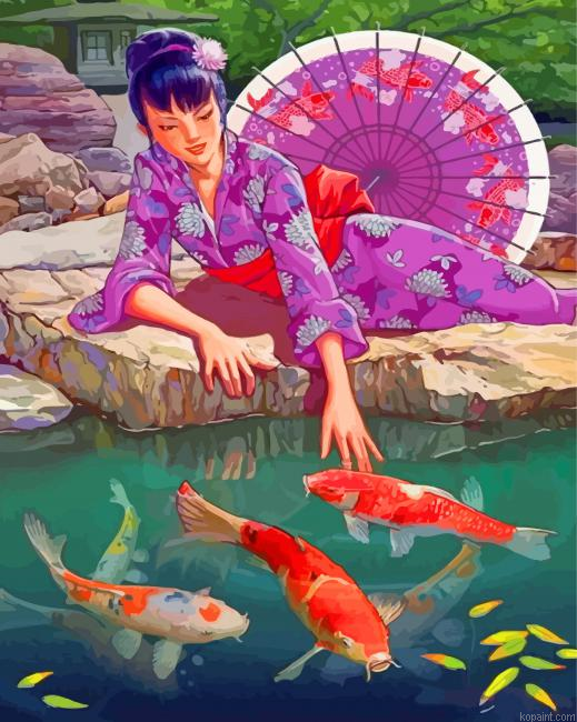 Japanese Woman And Koi Fishes Painting By Numberss.png