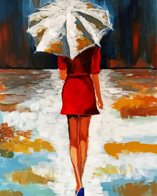 Lady In Red Under The Rain Painting By Numberss.png