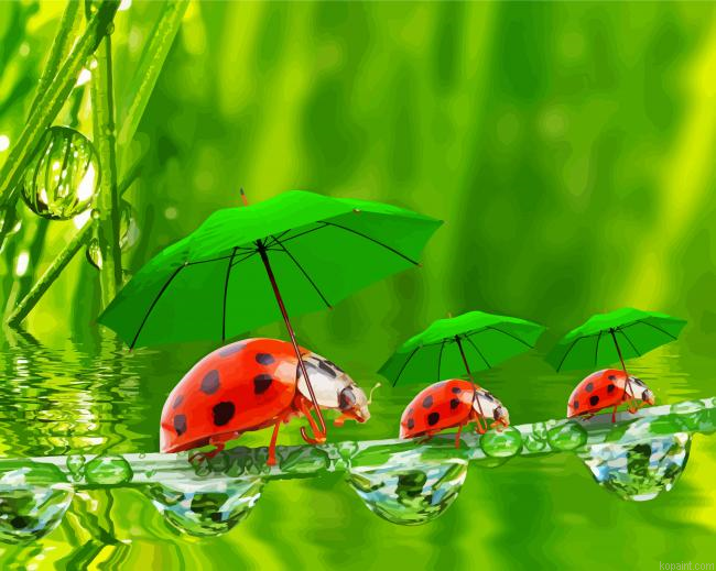 Ladybeetles And Green Umbrellas Painting By Numberss.png