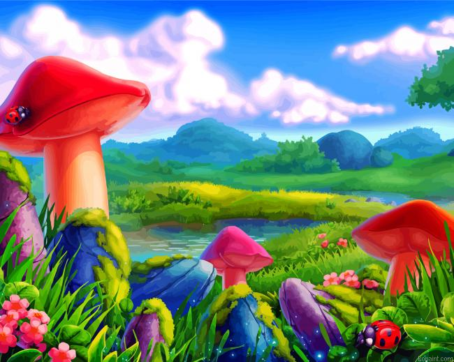 Ladybugs And Mushrooms Painting By Numberss.png