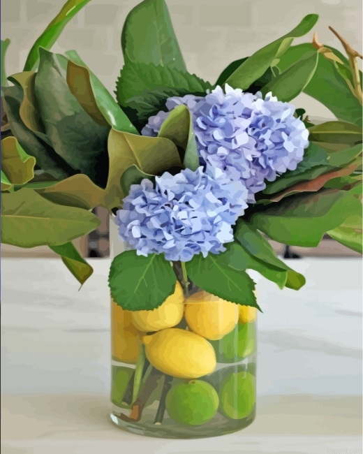 Lemons In Vases WIth Hydrangea Flowers Paint By Numbers