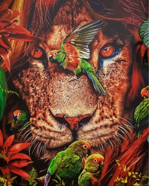 Lion And Parrots Painting By Numberss.png