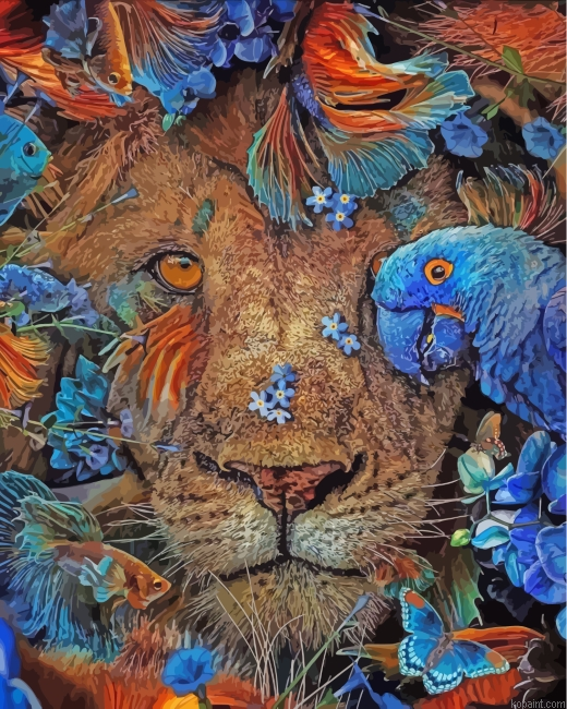 Lion Parrots And Fishes Painting By Numberss.png