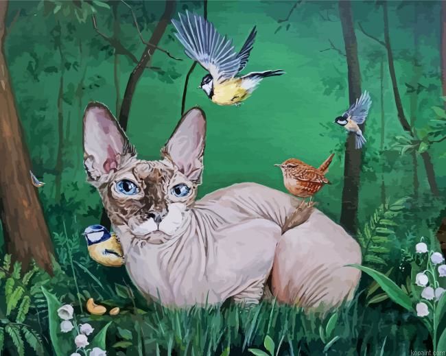 Little Sphynx Cat And Birds Painting By Numberss.png