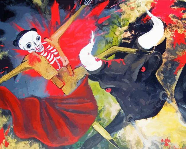 Mad Bull And Matador Skeleton Art Painting By Numberss.png