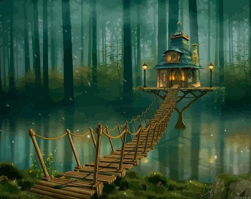 Magical Forest With Treehouse Landscape Painting By Numberss.png