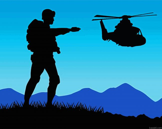 Military Soldier With Helicopter Silhouette Painting By Numberss.png