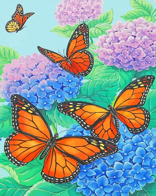 Monarch Butterflies And Blue Flowers Painting By Numberss.png