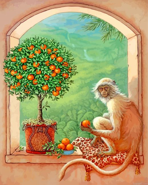 Monkey And Orange Tree Painting By Numberss.png