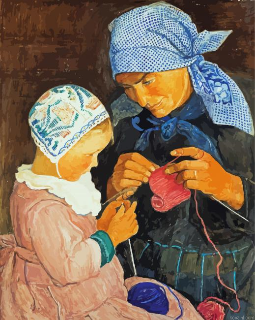Mother And Daughter Crocheting Painting By Numberss.png