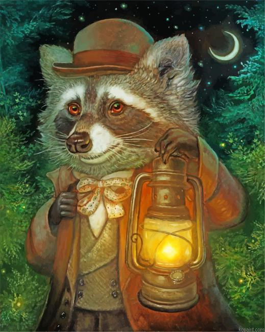 Mr Raccoon And Lantern Painting By Numberss.png