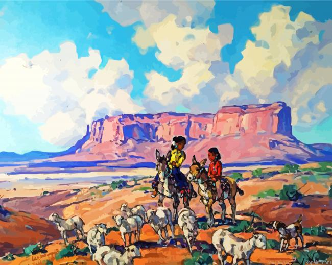 Navajo Girls On Donkeys Herding Sheep Paint By Numbers