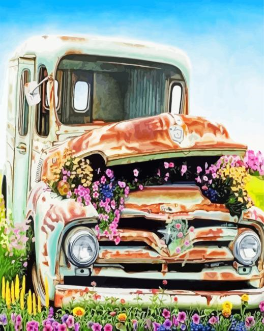 Old Truck And Flowers Illustration Painting By Numberss.png