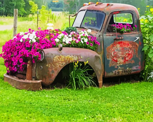 Old Truck And Flowers Painting By Numberss.png