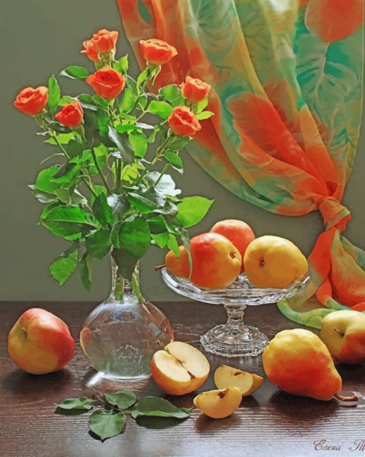 Orange Roses And Pear Painting By Numberss.png