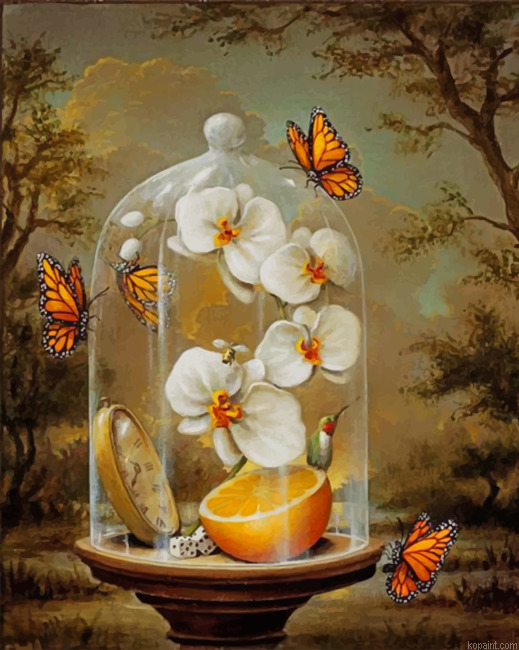 Orchid Flowers And Monarch Butterflies Painting By Numberss.png