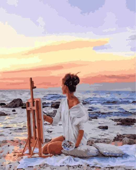 Painter Girl By Sea Painting By Numberss.png