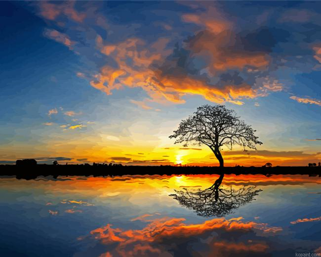 Panorama Tree By Water At Sunset Painting By Numberss.png
