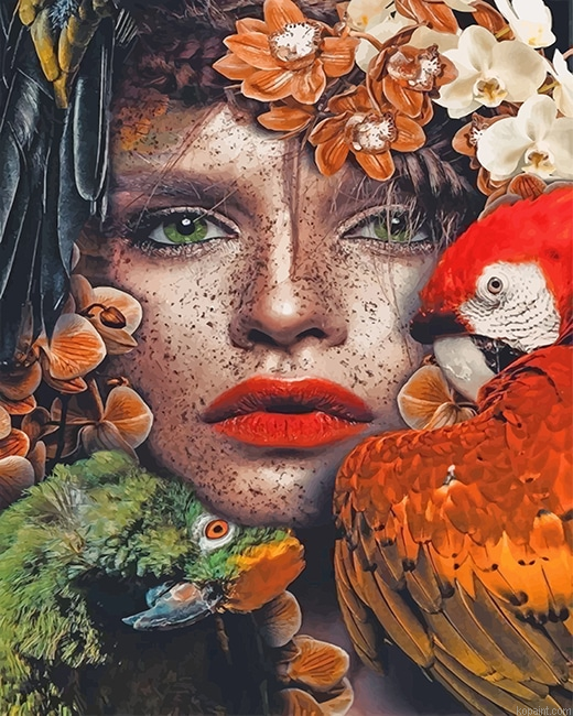 Parrots Woman Flowers New Painting By Numberss.png