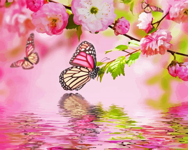 Pink Flower Blossom Butterfly Painting By Numberss.png