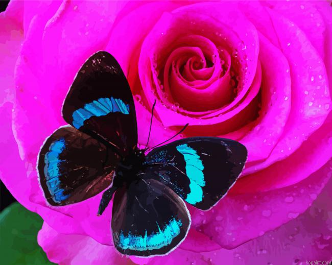 Pink Rose And Blue Butterfly Painting By Numberss.png