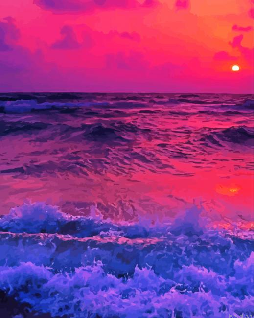 Pink Sunset With Mountain And Waves Paint By Numbers
