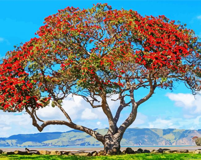 Pohutukawa Tree With Flowers Painting By Numberss.png