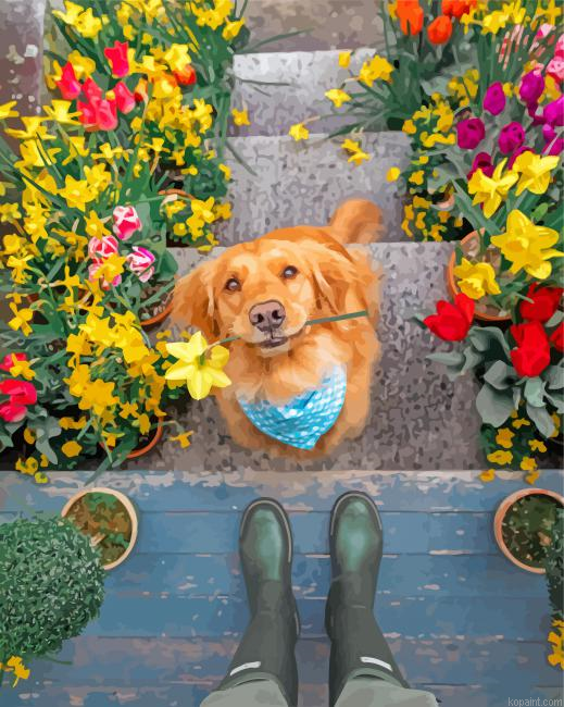 Puppy And Flowers Paint By Numbers