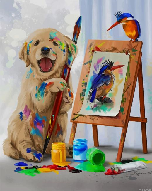 Puppy Drawing His Woodpecker Friend New Painting By Numberss.png