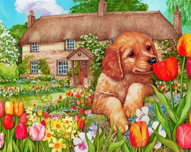 Puppy Smelling Flowers Paint By Numbers