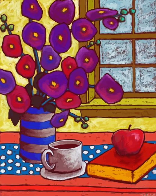 Purple Flowers And Cup Of Coffee Paint By Numbers.png