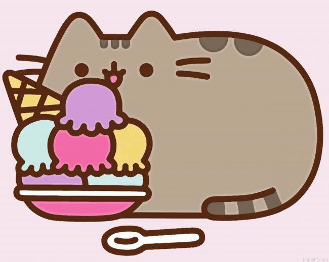 Pusheen Cartoon Cat Eating Ice Cream Painting By Numberss.png