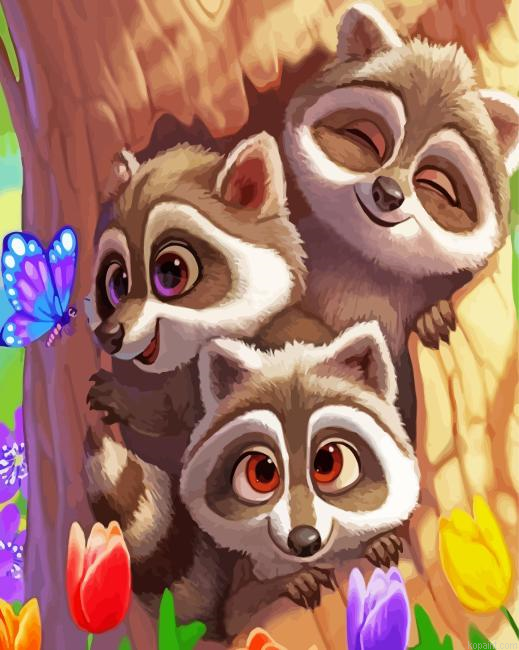 Raccoons And Butterfly Painting By Numberss.png