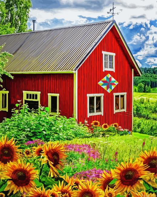 Red Barn And Sunflowers Painting By Numberss.png