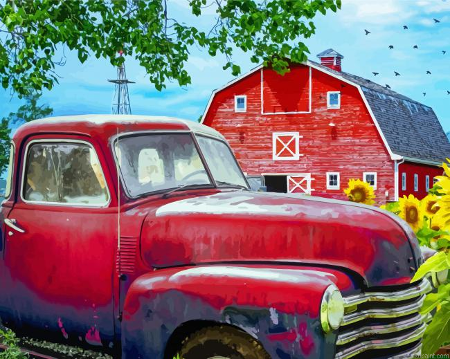 Red Barn And Truck Sunflowers Painting By Numberss.png