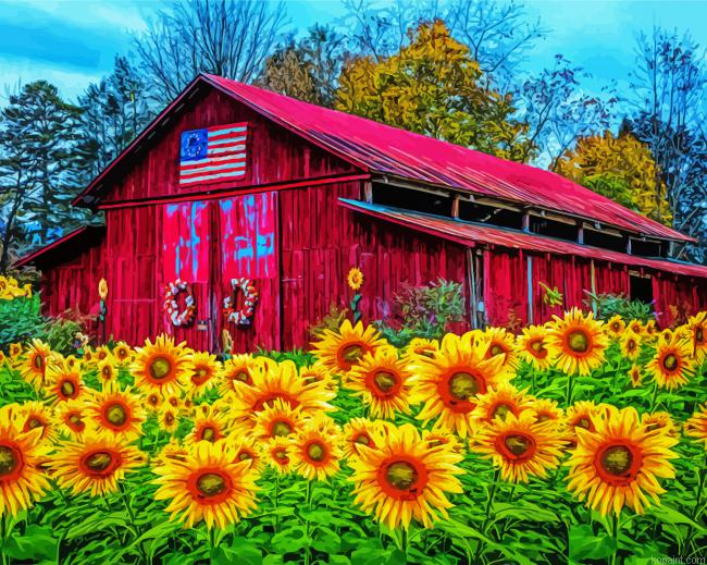 Red Barn And Yellow Sunflowers Painting By Numberss.png