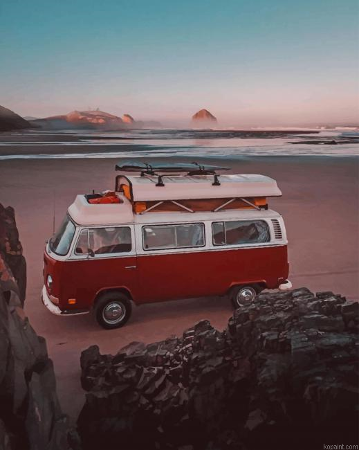 Red Campervan In The Beach New Painting By Numberss.png