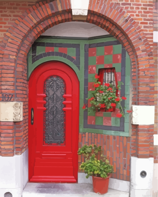 Red Door And Plants Painting By Numberss.png