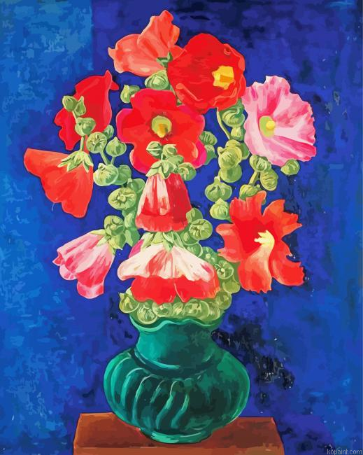 Red Hollyhocks Vase Art Painting By Numberss.png