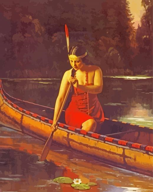 Red Indian Girl Canoeing Painting By Numberss.png