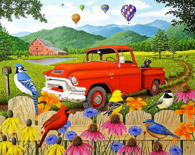 Red Truck And Flowers And Birds Painting By Numberss.png