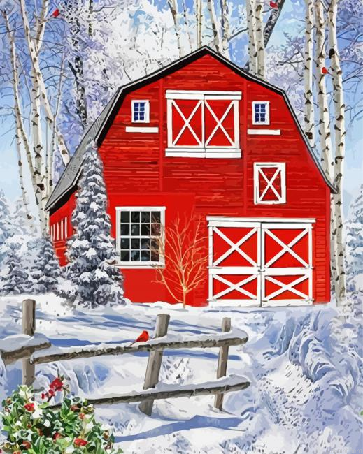 Red Winter Barn Painting By Numberss.png
