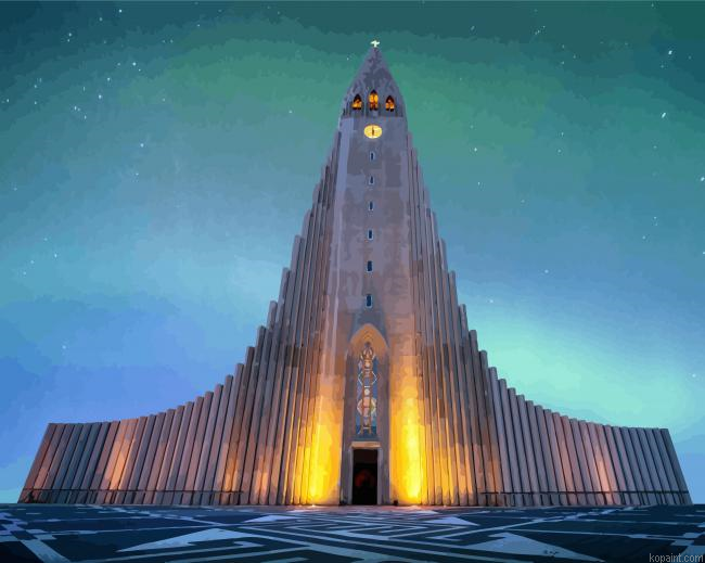 Reykjavik Hallgrimskirkja Church Aurora Lights Paint By Numbers.png