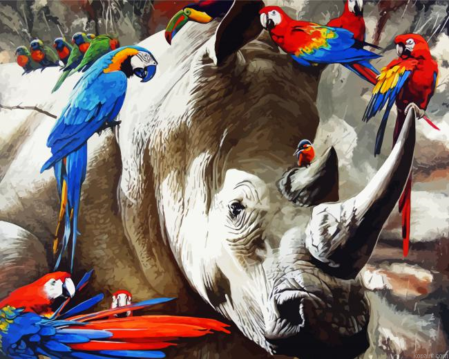 Rhino And Parrots Painting By Numberss.png