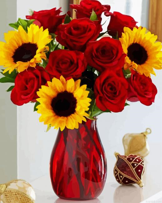 Roses And Sunflowers In Red Vase Painting By Numberss.png