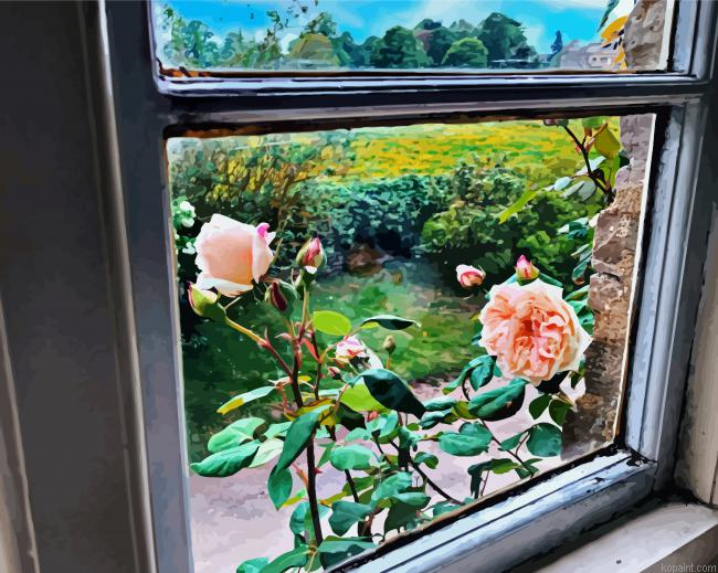 Roses Out The Cottage Window Paint By Numbers